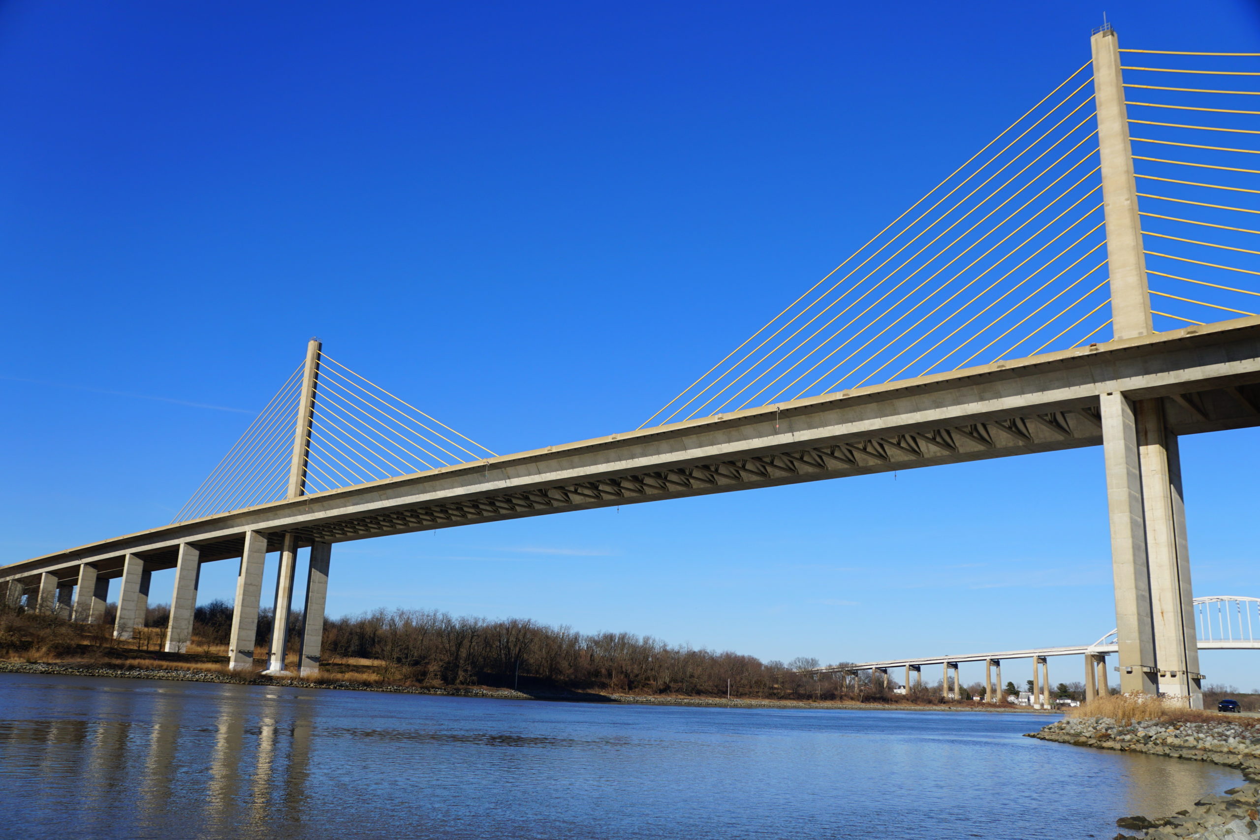 The view of William V Roth Bridge above the Chesapeake Canal near Middletown, Delaware.